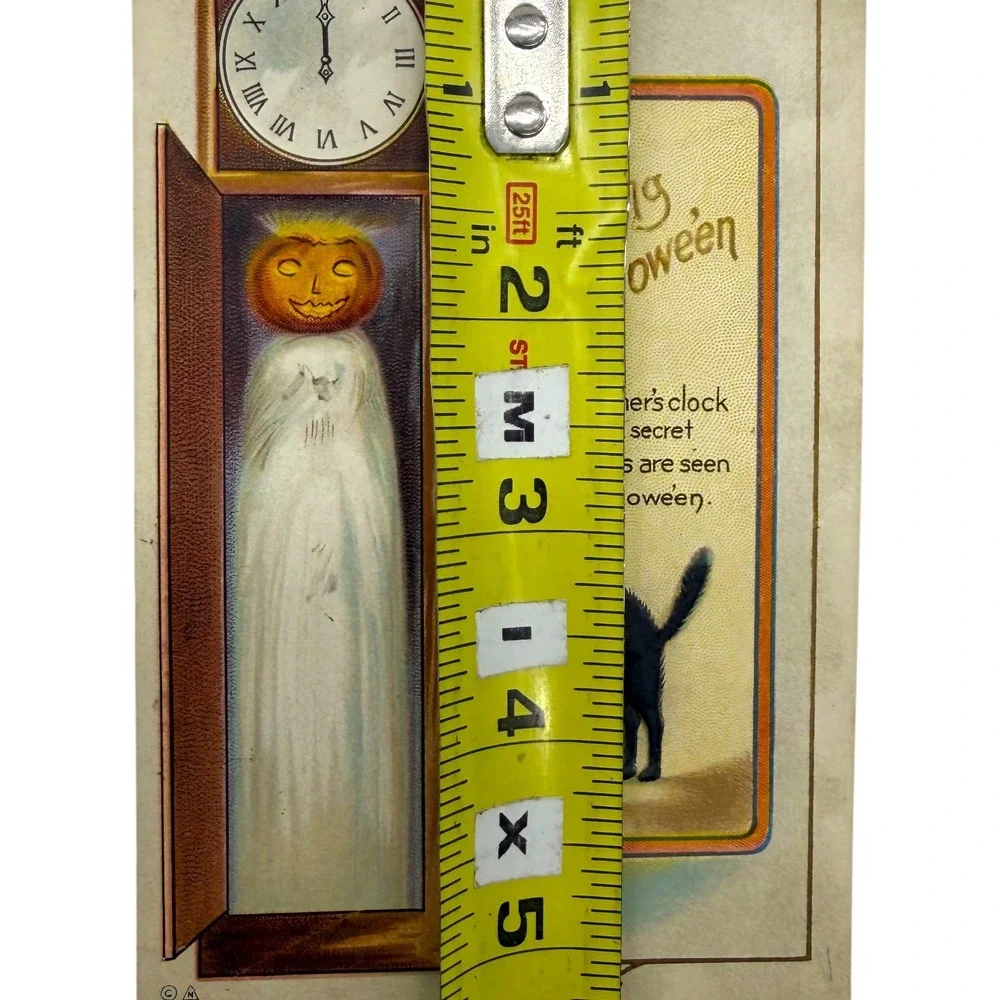 Vintage Halloween Postcard Black Cat Pumpkin Ghost Grandfather Clock Fair Used